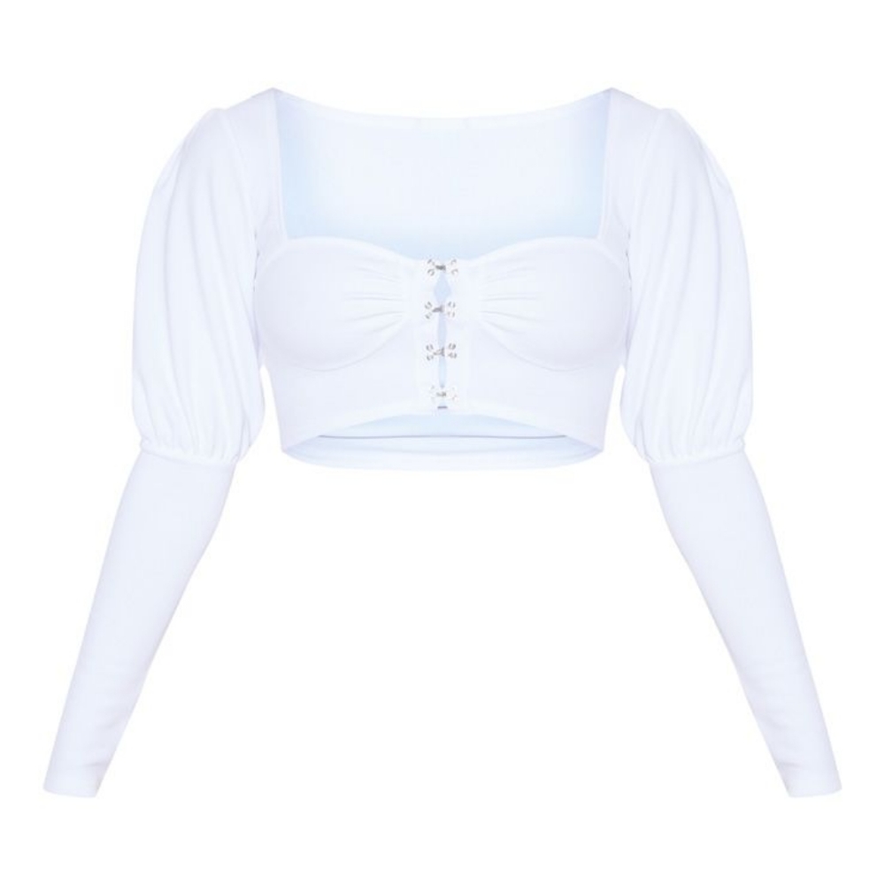 White Hook & Eye Puff Sleeve Crop Top - Picture 7 of 8